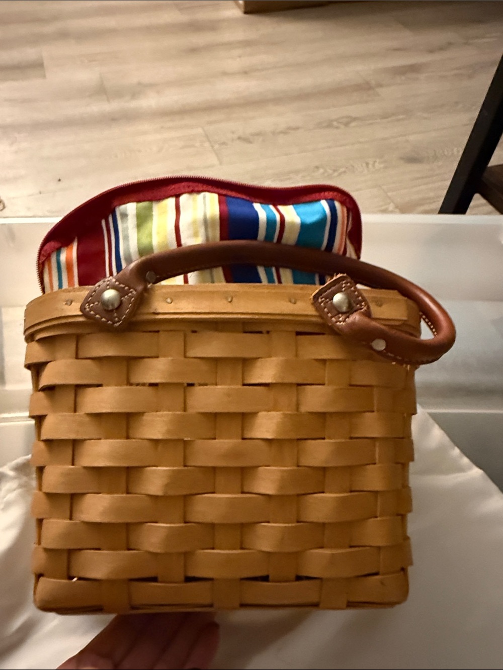 Longaberger Woven Tan Tote with Colorful Striped Liner